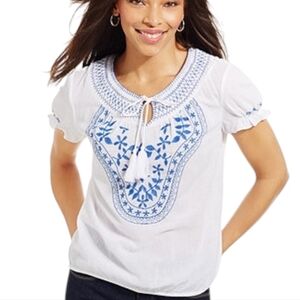 Style & Co. Smocked Peasant Blouse Boho Womens M Embroidered Cotton Cottage Y2K